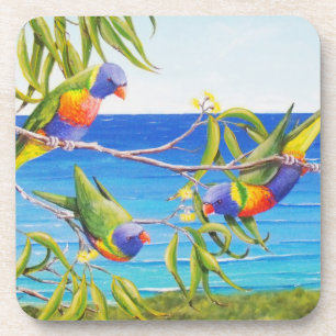 Rainbow Lorikeet Beachy Blue Australian Painting  Coaster