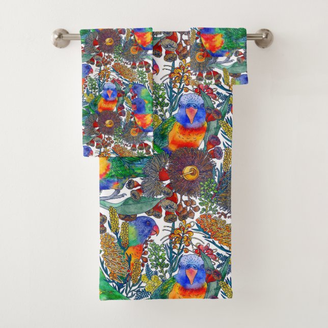 Rainbow Lorikeet Botanical Garden Bath Towel Set (Insitu)
