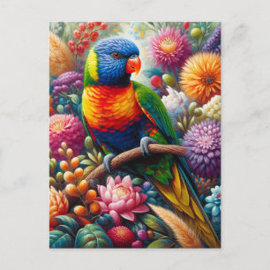 Rainbow Lorikeet Parrot with Colourful Flowers Postcard