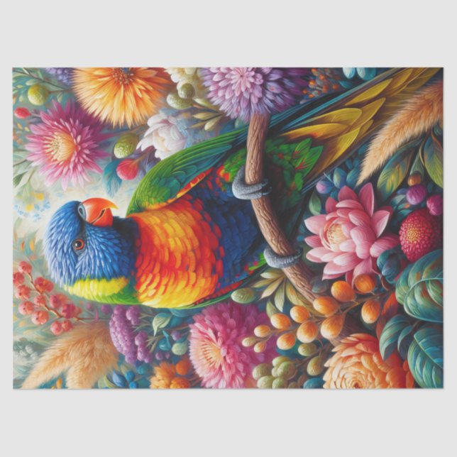 Rainbow Lorikeet with Flowers Decoupage Tissue Paper (Front)