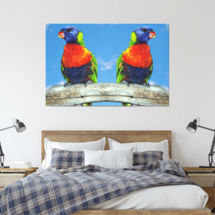 Rainbow lorikeets two perched on a branch canvas print