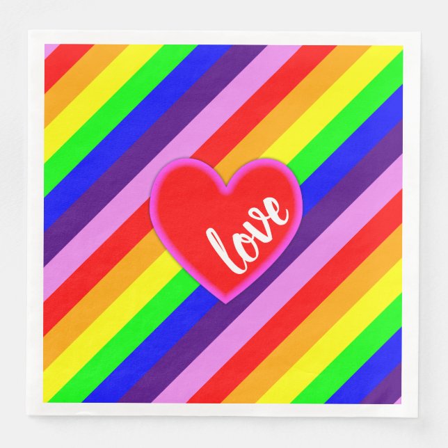 Rainbow Love Heart Diagonal Stripes Pride Colours Napkin (Front)