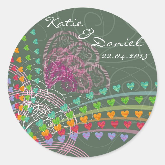Rainbow Love Hearts Pink Swirls Wedding Sticker (Front)
