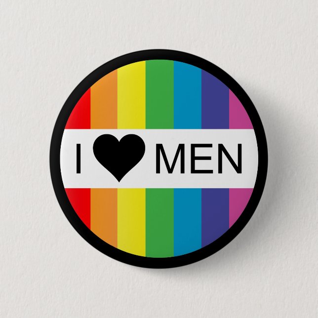 rainbow love. i heart men. 6 cm round badge (Front)