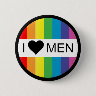 rainbow love. i heart men. 6 cm round badge