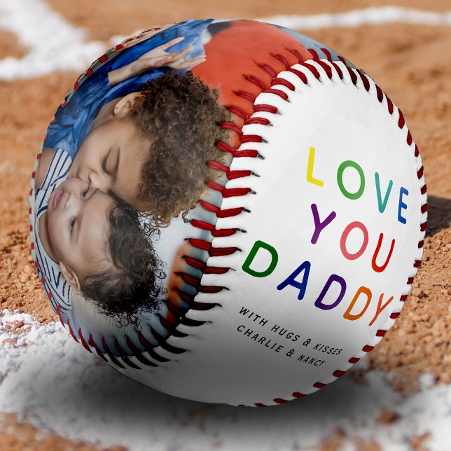 Rainbow 'LOVE YOU DADDY' Photo Collage Keepsake Baseball (Custom Dad Baseball Gifts)