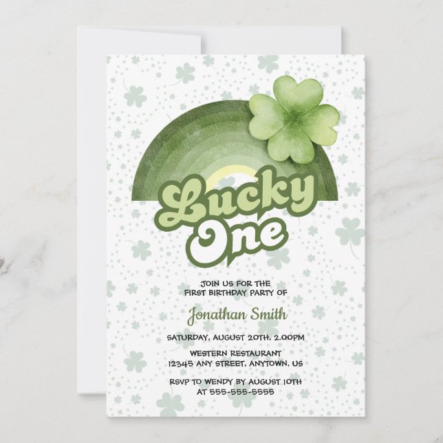 Rainbow Lucky One Green Clover Kids Birthday Invitation (Front)
