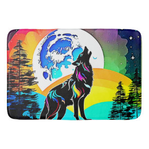 Rainbow Lunar Wolf Howl Art Bath Mat