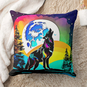Rainbow Lunar Wolf Howl Art Cushion