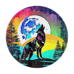 Rainbow Lunar Wolf Howl Art Cutting Board