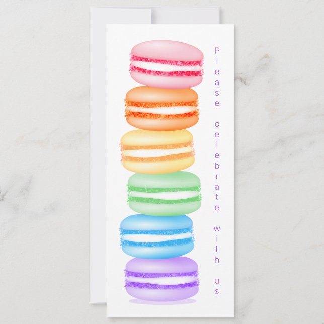 Rainbow macarons girls birthday celebration announcement (Front)