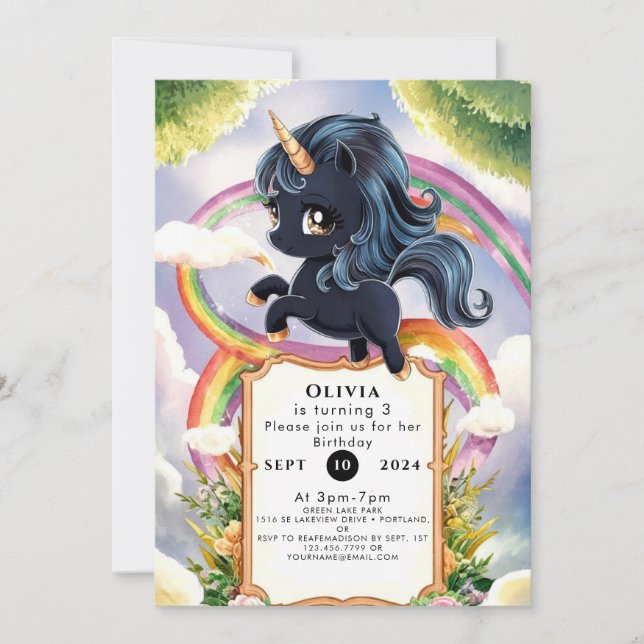 Rainbow Magical Black Unicorn Birthday Invitation (Front)