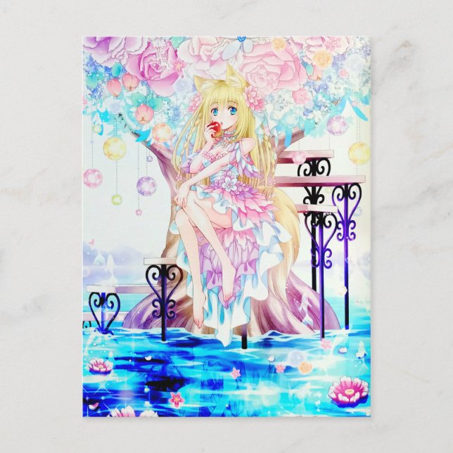 Rainbow Magical Fox Fairy Flowers Fantasy Art Postcard (Front)