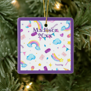 Rainbow Magical Purple Personalise Name Year Girly Ceramic Ornament