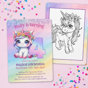 Rainbow magical Unicorn 4th birthday Invitation