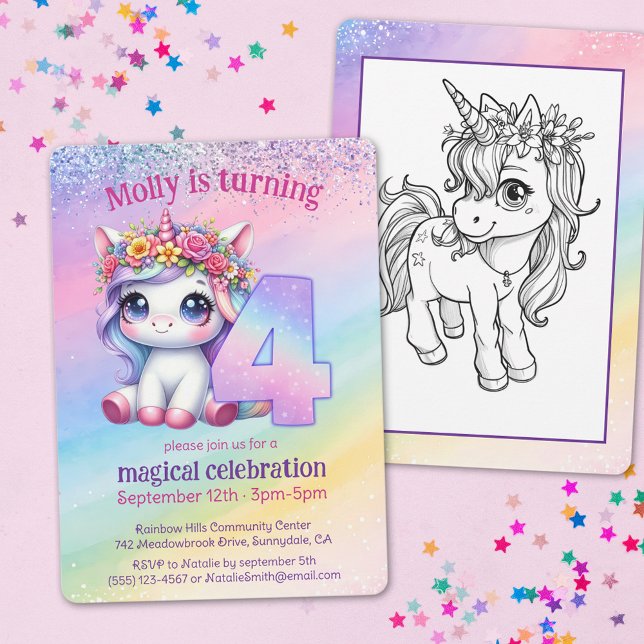 Rainbow magical Unicorn 4th birthday Invitation (Creator Uploaded)