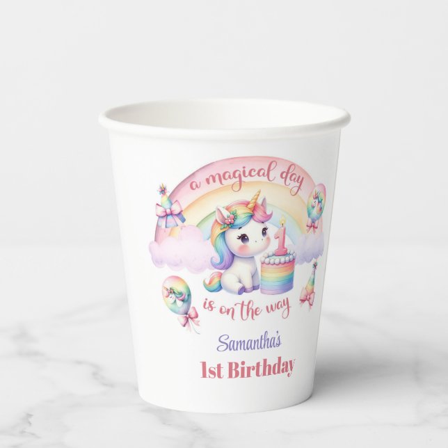 Rainbow Magical Unicorn Girl 1st Birthday party Paper Cups (Back)