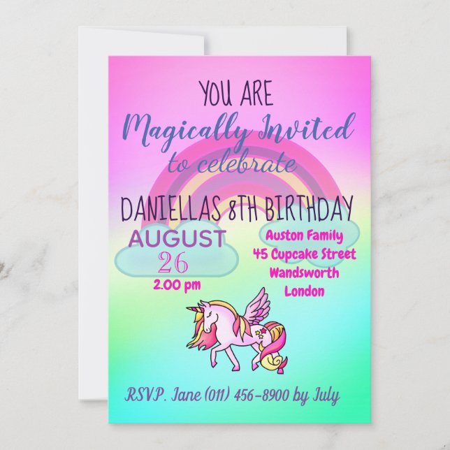 Rainbow Magical Unicorn Party Happy Birthday Invitation (Front)