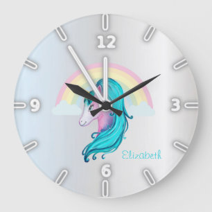 Rainbow Magical Watercolor Unicorn , Silver Large Clock
