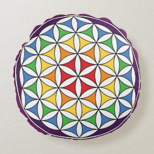 Rainbow Mandala Flower of Life Round Cushion
