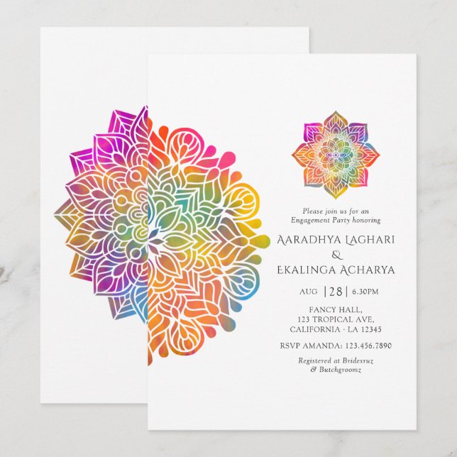 Rainbow Mandala Indian Engagement Party Invitation (Front/Back)