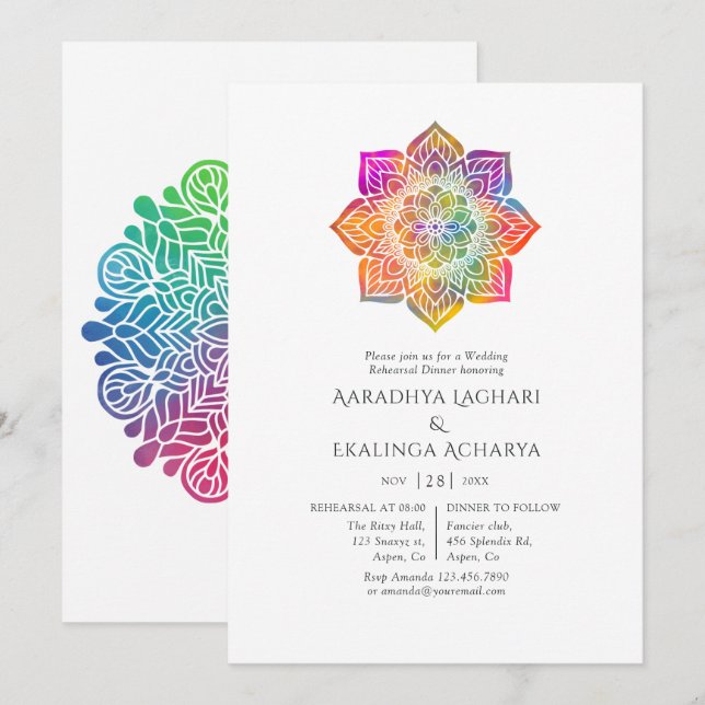 Rainbow Mandala Indian Rehearsal Dinner Invitation (Front/Back)