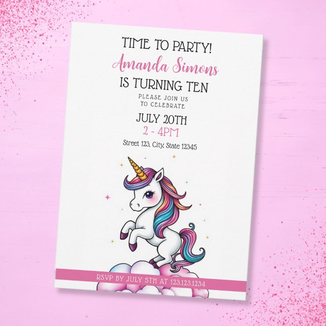 Rainbow Mane Sparkle Unicorn Girl 10th Birthday Invitation (Creator Uploaded)