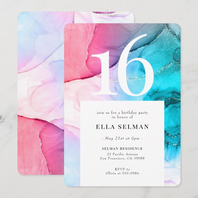 Rainbow Marble Gold Birthday Invitation (Front/Back)