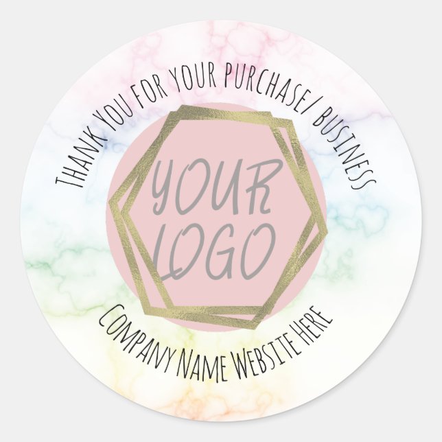 Rainbow Marble Thank You Business Logo    Classic Round Sticker (Front)