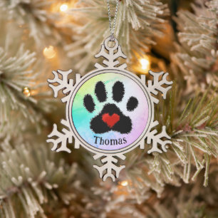 Rainbow Memorial Paw Print Snowflake Pewter Christmas Ornament