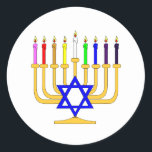 Rainbow Menorah Classic Round Sticker<br><div class="desc">Rainbow Menorah where some items like greeting cards have customisable text "Happy Hanukkah"</div>