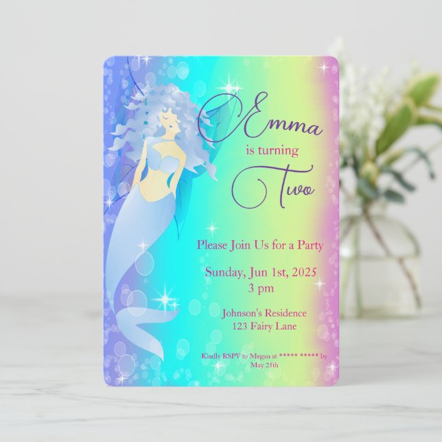 Rainbow Mermaid Birthday Invitation (Standing Front)