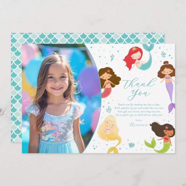 Rainbow Mermaid Birthday Thank You Card (Front/Back)
