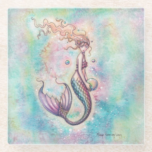 Rainbow Mermaid Fantasy Art by Molly Harrison Glass Coaster (Front)