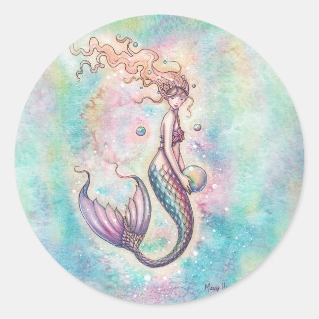 Rainbow Mermaid Fantasy Art Illustration  Classic Round Sticker (Front)