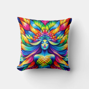 “Rainbow Mermaid Floating- Vibrant Underwater Art" Cushion