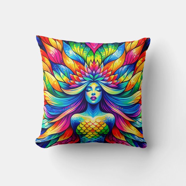 “Rainbow Mermaid Floating- Vibrant Underwater Art" Cushion (Front)