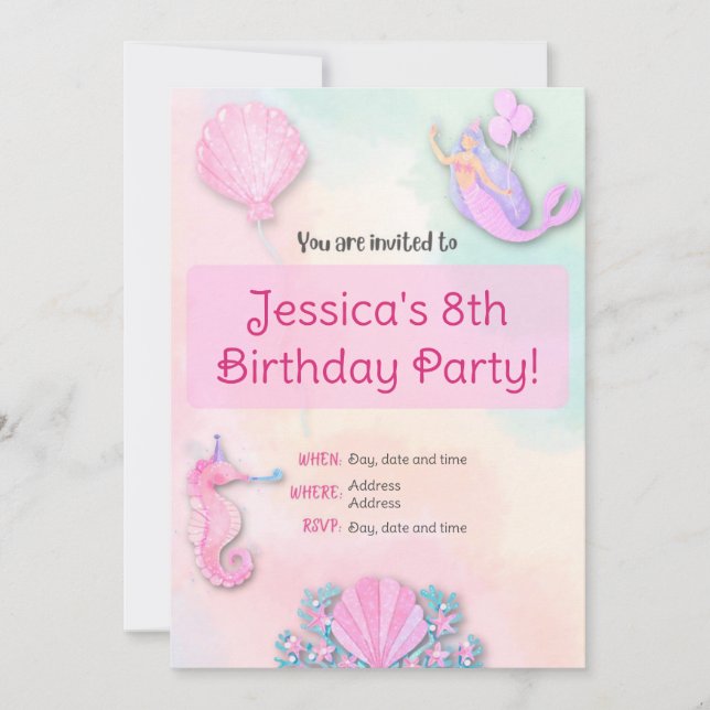 Rainbow mermaid girl's birthday invitation (Front)