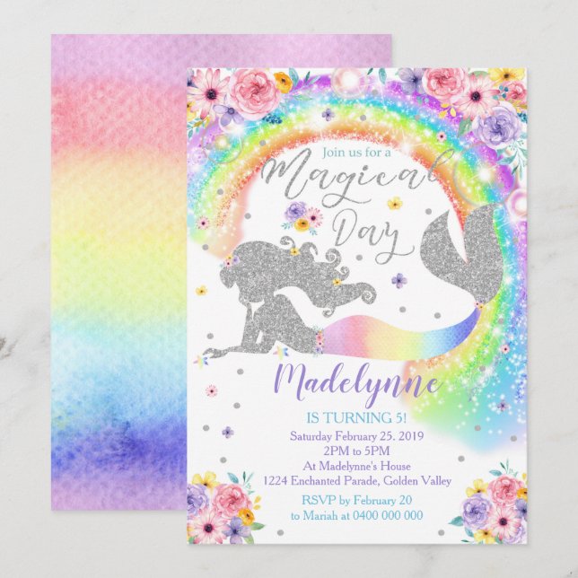 Rainbow Mermaid Invitation Silver Mermaid (Front/Back)