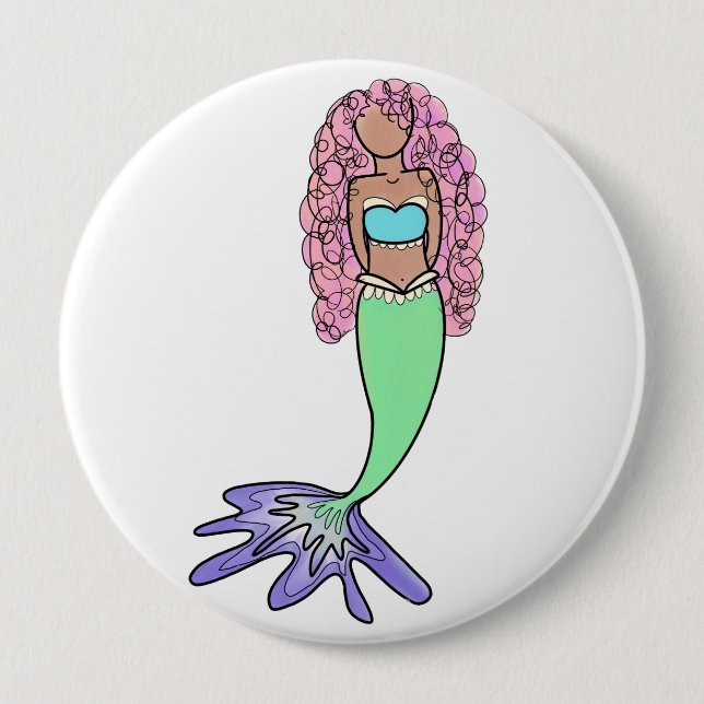 rainbow mermaid pink blue purple green black curly 10 cm round badge (Front)