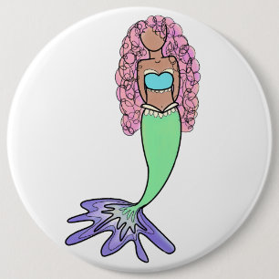 rainbow mermaid pink blue purple green black curly 6 cm round badge