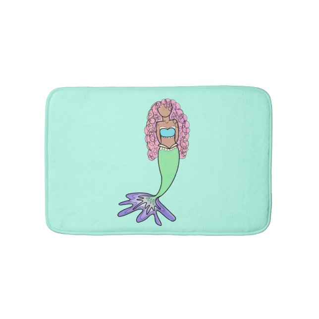 rainbow mermaid pink blue purple green black curly bath mat (Front)