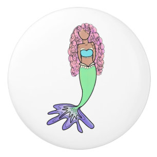 rainbow mermaid pink blue purple green black curly ceramic knob