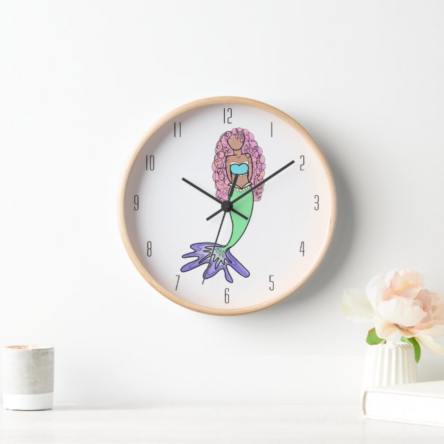 rainbow mermaid pink blue purple green black curly clock (Home)