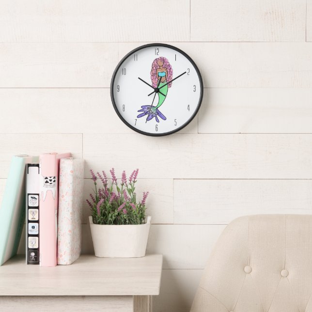rainbow mermaid pink blue purple green black curly clock (Reading Room)