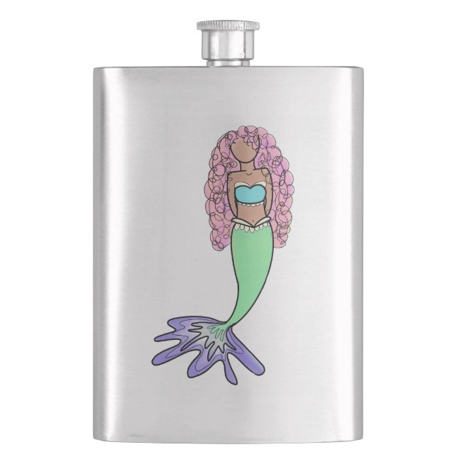 rainbow mermaid pink blue purple green black curly hip flask (Front)