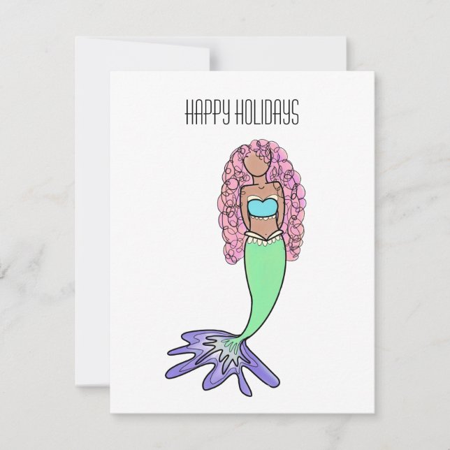 rainbow mermaid pink blue purple green black curly holiday card (Front)