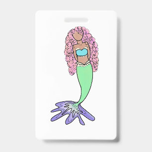 rainbow mermaid pink blue purple green black curly ID badge
