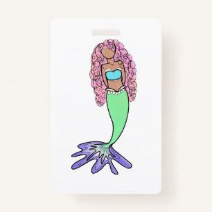 rainbow mermaid pink blue purple green black curly ID badge