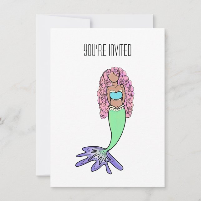rainbow mermaid pink blue purple green black curly invitation (Front)